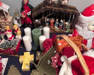 Nativity scene, Christmas candles, tree ornaments, holiday figurines