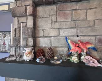 Ceramic parrot figurines and crystal candlesticks