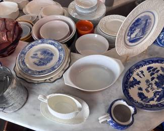 Blue willow china and serving dishes