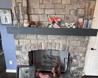 Stone fireplace with collectibles