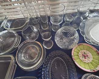 Crystal bowls, glass vases, and serving dishes