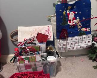 Christmas decorations lot, stockings, ornaments, holiday decor