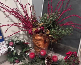 Christmas holiday floral centerpiece, red berries, greenery, ornaments