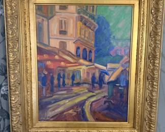 Signed oil painting, European street cafe scene, ornate gold gilt frame
