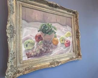 Oil still life fruit painting, ornate gilt frame