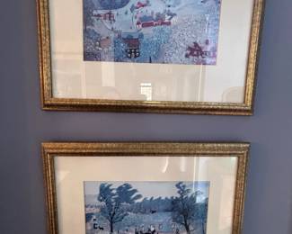 Framed winter village scene prints, pairFramed winter village scene prints, pair