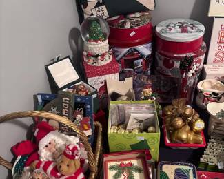 Assorted Christmas decorations, tins, figurines, holiday collectibles lot