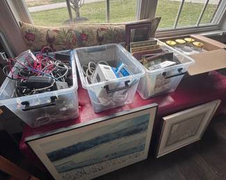Electronics, cables, framed art prints