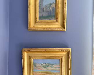Pair of small oil paintings in ornate gold gilt frames, landscape artwork, vintage framed art collection