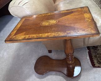 Inlaid burl wood pedestal side table