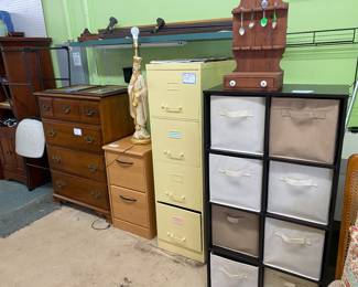 Dresser, file cabinets, shelf, and entertainment center