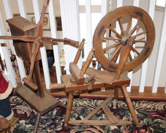 antique spinning wheel, yarn winder, carding paddles