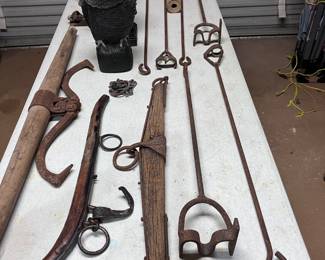 branding irons, two-man ice tongs, hames