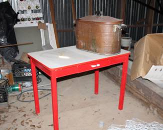 porcelain-top kitchen table; copper boiler