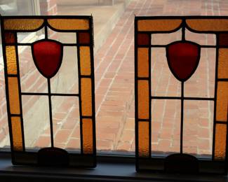 pair stained and leaded glass window panels