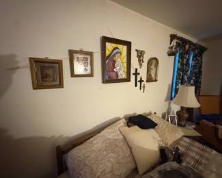 . . . stained glass Madonna and child amongst other icons