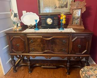 Depression era sideboard, antique clocks 