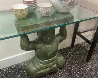 buddha glass console, vintage china bowls