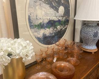 vintage clear pink glasses, plates, asian style lamp, artwork