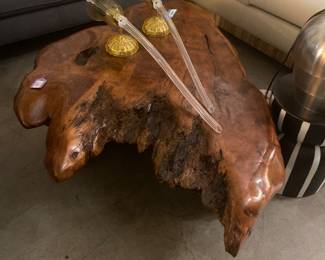 burlwood coffee table, venician sconces