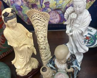 Asian figures includes Korean 19th century figure of two men and two well-carved 20th century ivory figures