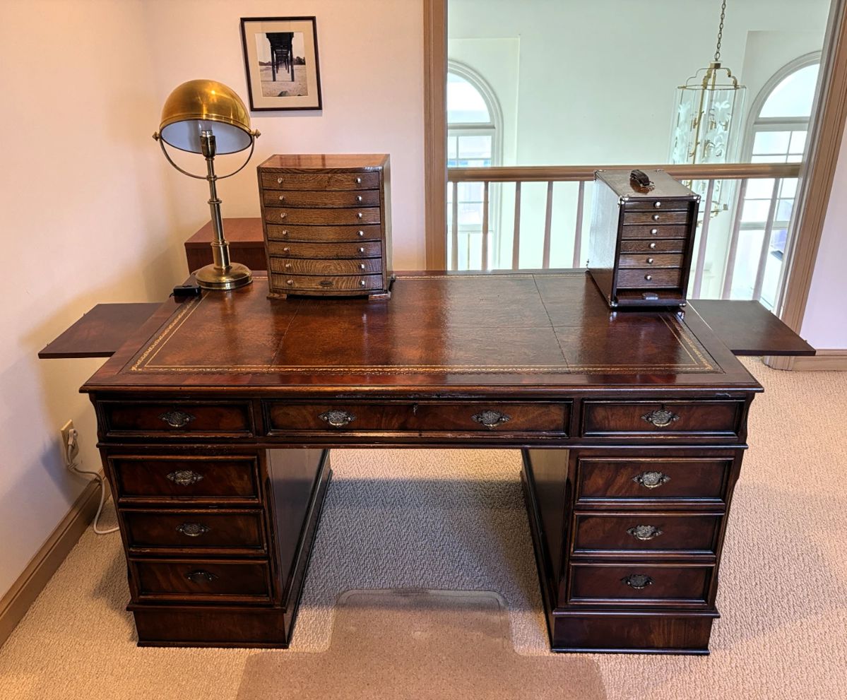 BUY IT NOW! $475.00. Call Jan at 314 960-5700. Antique leather top two sided desk. 59 1/2" W x 35 1/2" D x 31" H.