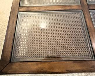 BUY IT NOW! $195.00. Call Jan at 314 960-5700. Ethan Allen Four panel glass/rattan coffee table. 52" W x 40" D x 17" H
