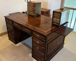BUY IT NOW! $475.00. Call Jan at 314 960-5700. Antique leather top two sided desk. 59 1/2" W x 35 1/2" D x 31" H.