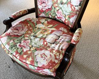 Pair of Chintz fabric upholstered arm chairs. 26" W x 28" D x 30" H.