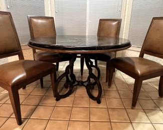 Drexel Heritage Marble top table.   47" Dia. x 30" H.                                    Ethan Allen leather & wood chairs.  