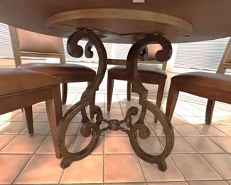 Drexel Heritage Marble top table.   47" Dia. x 30" H.                                    Ethan Allen leather & wood chairs.  