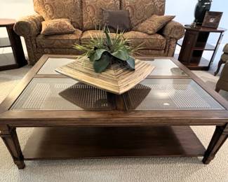 BUY IT NOW! $195.00. Call Jan at 314 960-5700. Ethan Allen Four panel glass/rattan coffee table. 52" W x 40" D x 17" H