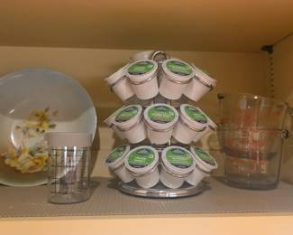 Measuring cups, Green Mountain Keurig on stand, bowl