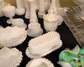 Vintage Fenton hob nail milk glass items including bud vases, sugar & creamer, bowls & more!