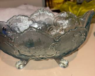 Footed green cut glass bowl - in living room shelves 