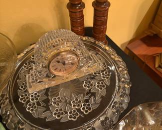 Ornate glass platter with glass domed clock 