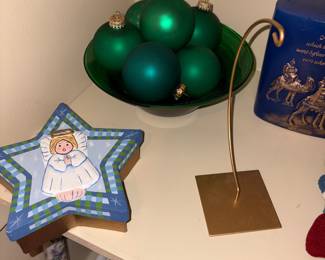 Master bedroom closet - green bowl holding green ornaments and more