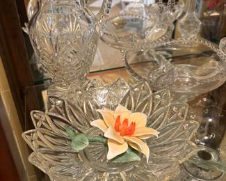 Entrance hallway - items in Curio Cabinet
Cut glass Serving dish with flower, cut glass pitcher & clear glass bowl in back 