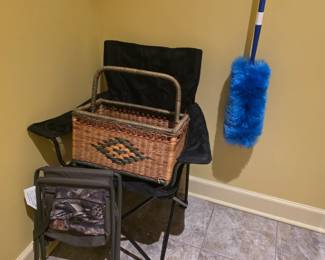 Chair, basket, fold out stool & duster