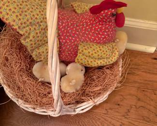 Hallway - basket with vintage handmade chicken & babies 