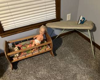 Vintage doll cradle, toy ironing board