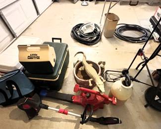 Coolers, electric leaf blower, electric weed whip, hoses, plastic alligator.