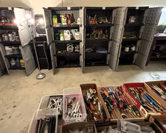 Large plastic storage cabinets with shelves, Misc. paints, car care products,