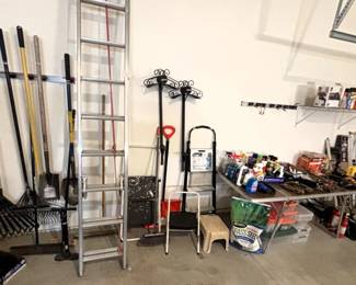 Werner 20 ft Extension ladder, misc. garden tools.