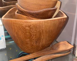 Vintage Wooden Teak Bowl Set W/ Serving Utensils & Original Paperwork