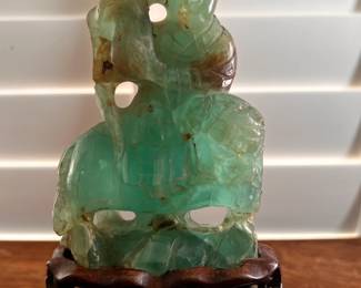 Antique Chinese Jade Lamp of Quan Yin on a Carved Wood and Bronze Stand