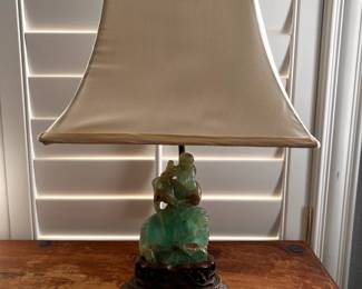 Antique Chinese Jade Lamp of Quan Yin on a Wood and Bronze Stand