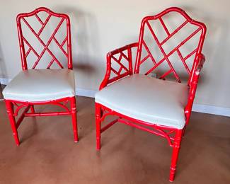 A Contemporary Bamboo Style Chinese Red Lacquer Dining Chairs