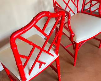 A Contemporary Bamboo Style Chinese Red Lacquer Dining Chairs