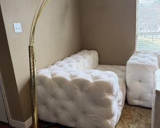 Mid-century five or brass light restoration hardware soho, white tufted velvet couch